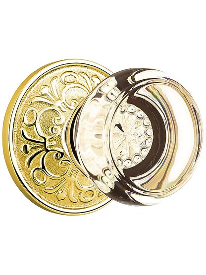 Lancaster Door Set With Georgetown Crystal Knobs in Polished Brass.